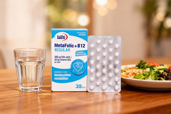 قرص متافولیک و ب12 رگولار یوروویتال کنار آب و غذا