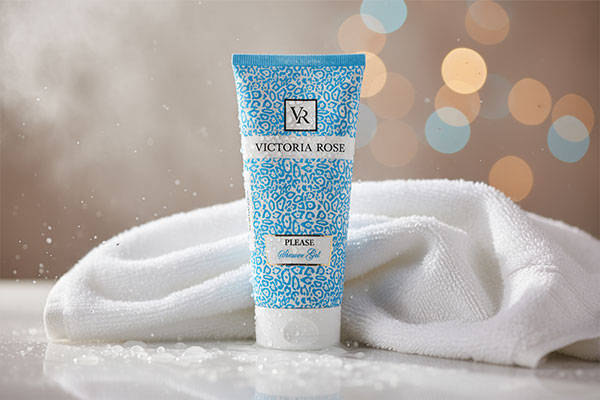 شاورژل پلیز ویکتوریا رز با پس‌زمینه حوله و قطرات آب