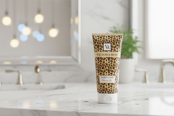 ژل شستشوی بدن تمپتیشن ویکتوریا رز روی پیشخوان حمام