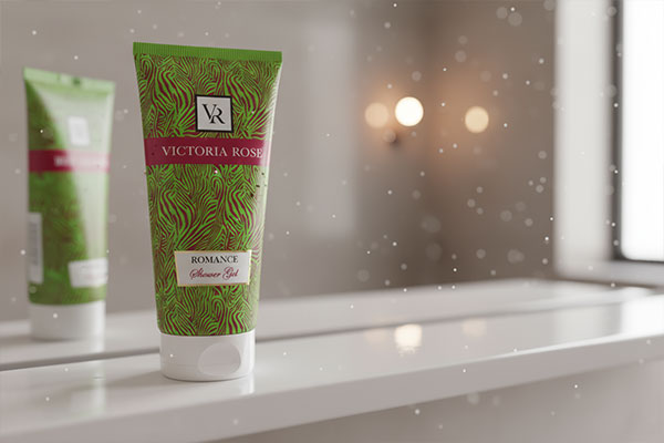 بسته‌بندی ژل شستشوی بدن رومنس ویکتوریا رز روی قفسه حمام