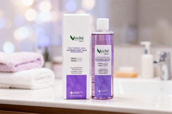 شامپو بدن تمشک سیاه وچه روی پیشخوان حمام