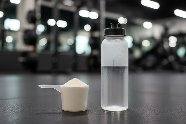 پیمانه پودر کربو شارژ کارن کنار بطری آب در محیط ورزشی