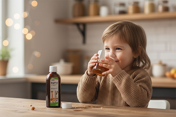 کودک در حال مصرف شربت آرژی پلاس یوروویتال برای رشد و تقویت سیستم ایمنی