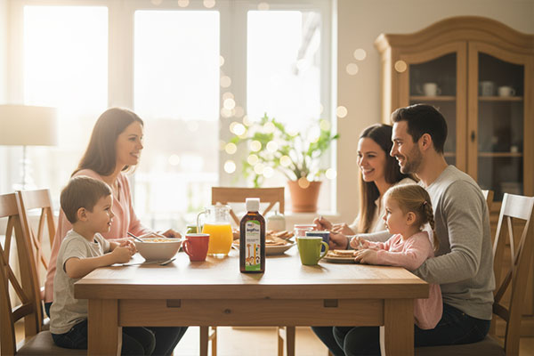 خانواده در حال استفاده از شربت آرژی پلاس یوروویتال برای سلامت استخوان و رشد
