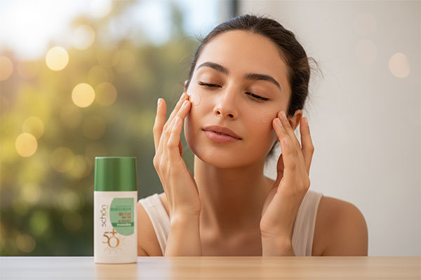 شخص در حال استفاده از فلوئید ضد آفتاب بی رنگ روی صورت