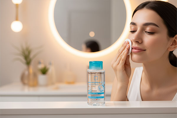 استفاده از محلول پاک کننده آرایش پوست نرمال تا خشک آکواتیپیک درماتیپیک با پد پنبه‌ای