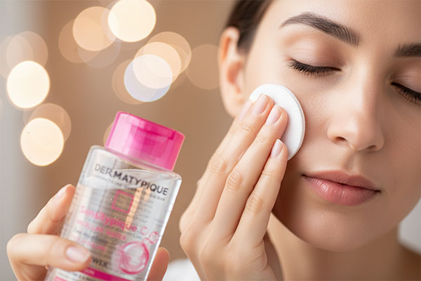 استفاده از میسلار واتر پوست حساس درماتیپیک با پد پنبه‌ای