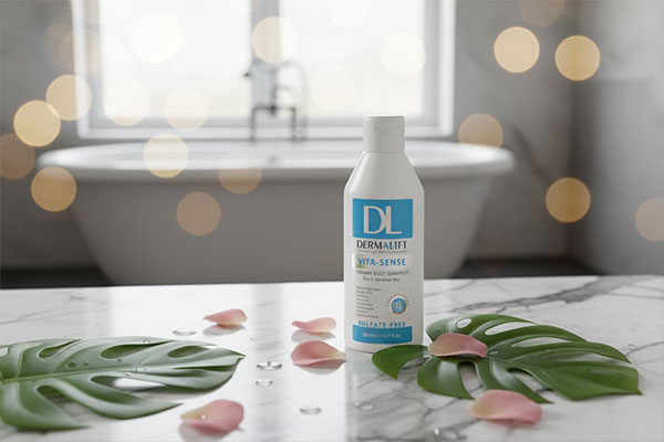 شامپو بدن کرمی درمالیفت پوست خشک در محیطی آرامش‌بخش