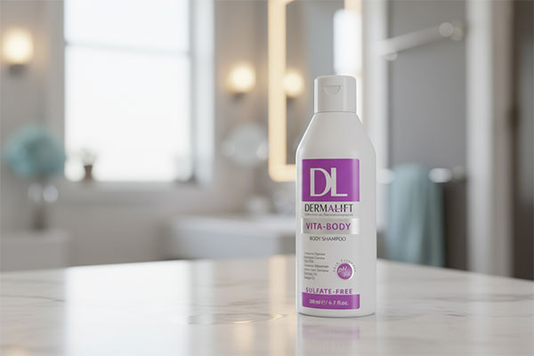 شامپو بدن ضد قارچ ویتا بادی درمالیفت روی پیشخوان حمام