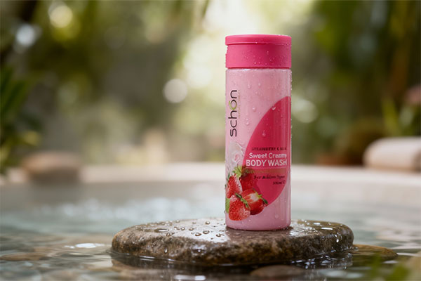 شامپو بدن کرمی شیر توت فرنگی شون با قطرات آب