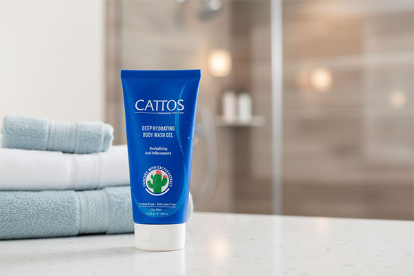 ژل شستشوی بدن آبرسان کاتوس روی پیشخوان حمام