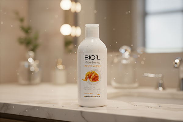 شامپو بدن کرمی شیر و عسل بیول روی پیشخوان حمام