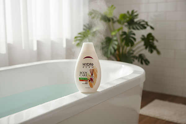 شامپو بدن عود هیدرودرم در محیط آرامش‌بخش حمام