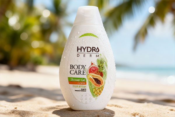 نمای نزدیک شامپو بدن یاس هیدرودرم با قطرات آب