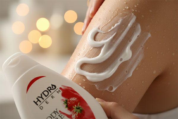 شامپو بدن کرمی ماست و توت فرنگی هیدرودرم در حال استفاده روی پوست