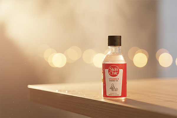 ژل شستشوی بدن ویتامین ای اسکین شیک روی قفسه حمام
