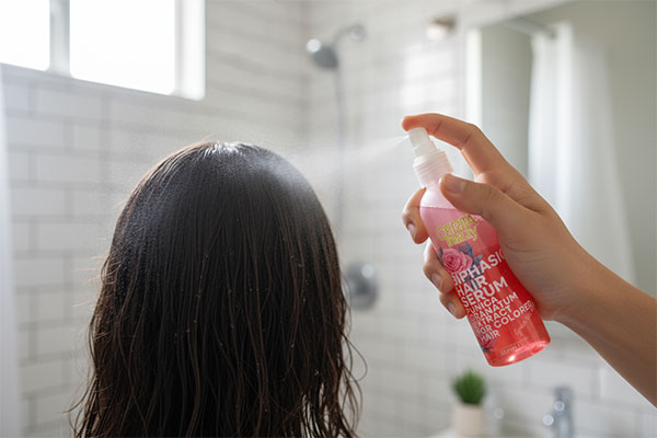 اسپری کردن سرم دو فاز موهای رنگ شده سریتا روی موهای مرطوب