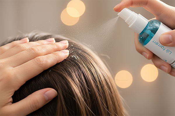 Applying hair growth tonic on scalp for healthy hair