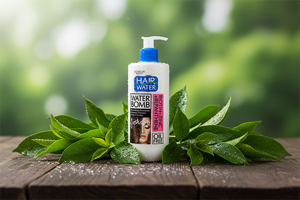 کرم مو کامان بیوتین و زینک با برگهای سبز و قطرات آب