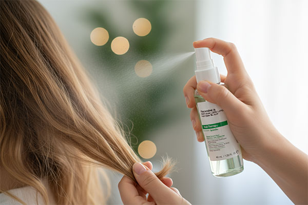 اسپری کردن محلول تقویت کننده موهای خشک سپیژن روی موها