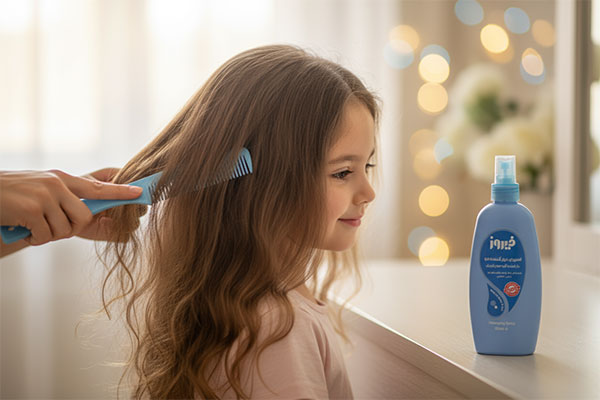 کودک با موهای گره‌خورده در حال شانه شدن با اسپری نرم کننده فیروز آبی