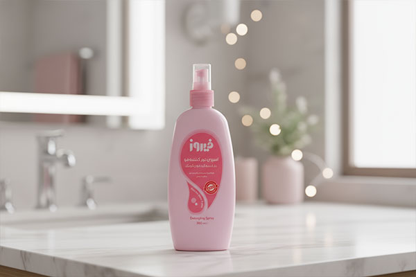 اسپری نرم‌کننده مو فیروز صورتی روی پیشخوان حمام