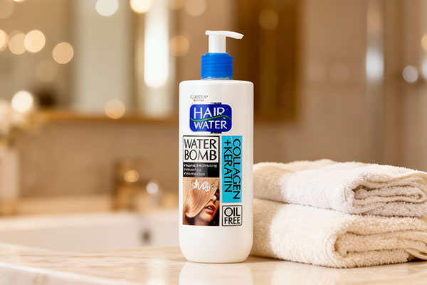 کرم مو بمب آبرسان کلاژن و کراتین کامان در کنار حوله و لیوان آب