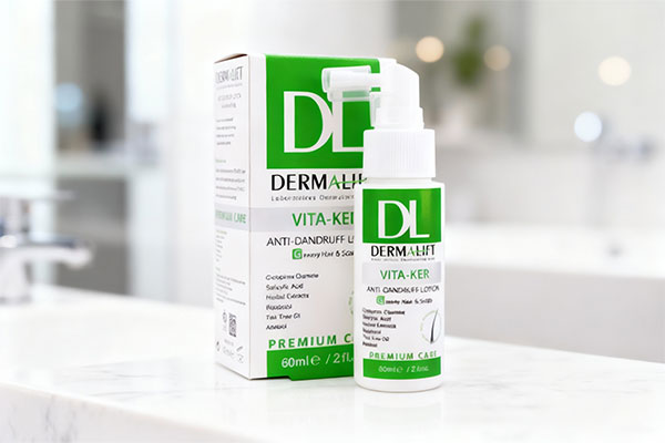 لوسیون ضد شوره چرب ویتاکر درمالیفت روی سطح مرمر سفید