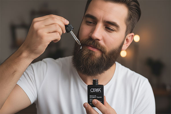 مردی در حال استفاده از تونیک تقویت ریش برای رشد بهتر موهای صورت