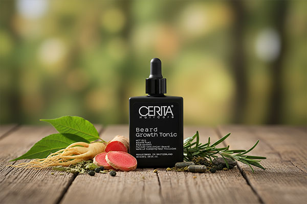 بطری تونیک تقویت ریش با ترکیبات گیاهی روی سطح چوبی