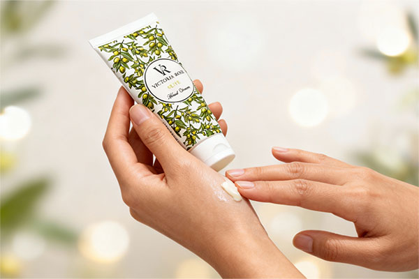 دست‌ها در حال استفاده از کرم مرطوب‌کننده زیتون ویکتوریا رز