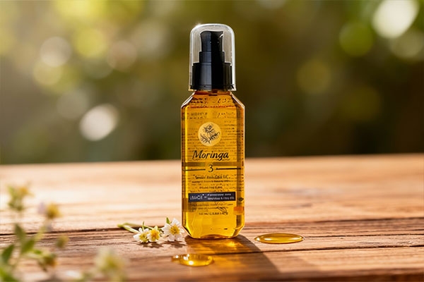 روغن پوست مورینگا 3 روی سطح چوبی با عناصر طبیعی