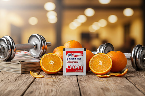 ساشه ال آرژنین پلاس یوروویتال با پرتقال و تجهیزات ورزشی