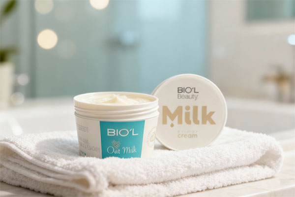 کرم مرطوب کننده شیر و جو دوسر بیول روی حوله سفید