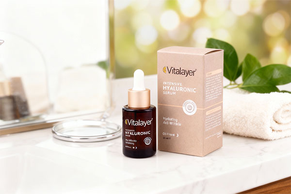سرم هیالورونیک اسید ویتالیر روی میز مراقبت از پوست