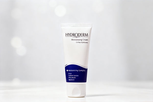 کرم مرطوب کننده هیدرودرم 50 میلی لیتری روی پارچه سفید با پس زمینه طبیعی