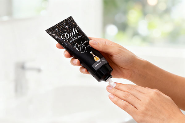 دست‌ها در حال استفاده از کرم عطری دست و ناخن ژادور دافی