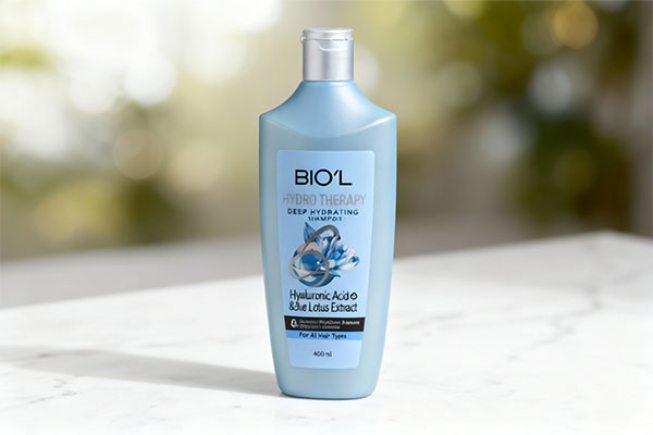 شامپو هیدروتراپی بیول برای موهای خشک و نرمال روی سطح مرمر سفید