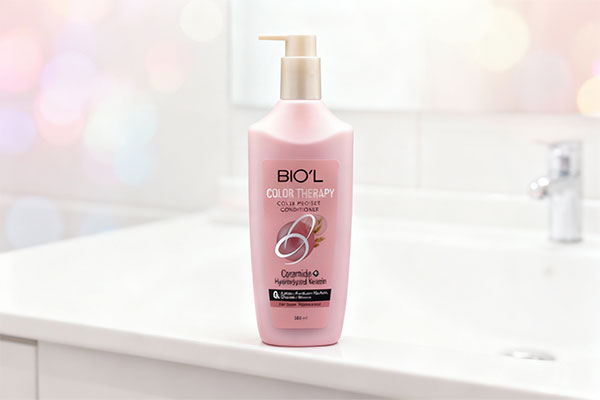 نرم کننده موهای رنگ شده کالر تراپی بیول روی پیشخوان حمام
