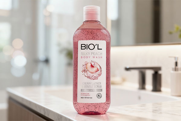 شامپو بدن ژلی سیلکی پیچ بیول روی پیشخوان حمام