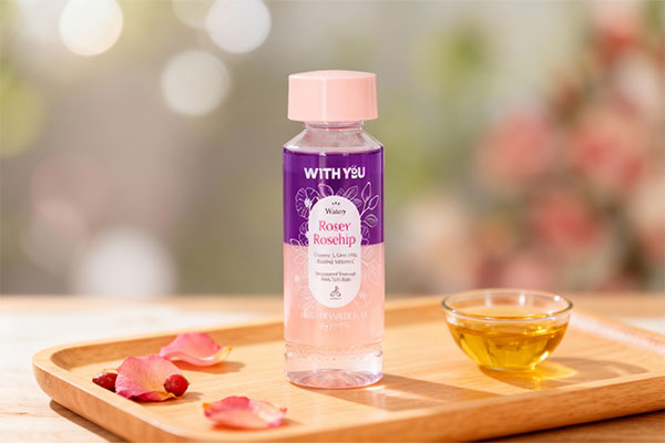 میسلار واتر دو فاز رز هیپ ویت یو به‌عنوان پاک‌کننده آرایش