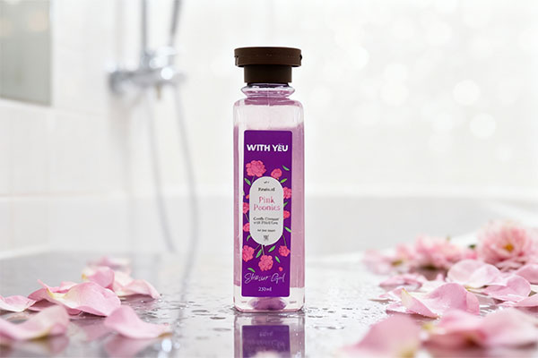 شامپو بدن پینک پیونی ویت یو در محیط حمام با گلبرگ‌های صورتی