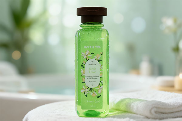 نمای نزدیک شامپو بدن ویت یو مدل فرش لاو با قطرات آب