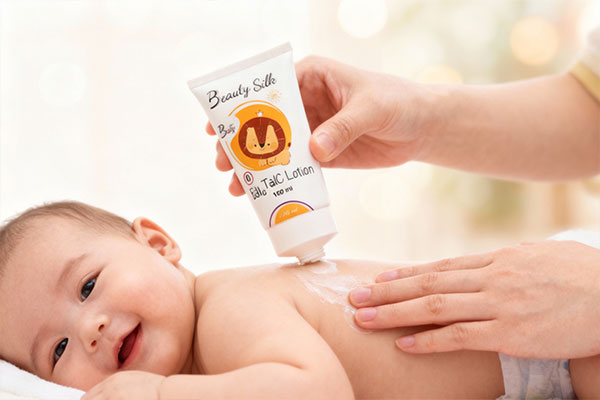 ماساژ پوست کودک با لوسیون تالک کودک بیوتی سیلک برای آبرسانی و تسکین