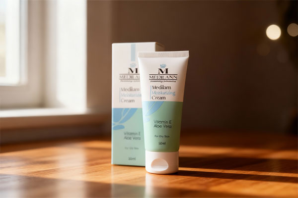 نمای نزدیک از کرم آبرسان پوست چرب مدیلن روی سطح چوبی