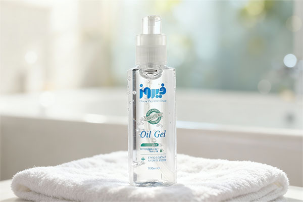 ژل روغن فیروز روی حوله سفید در حمام آرامشبخش