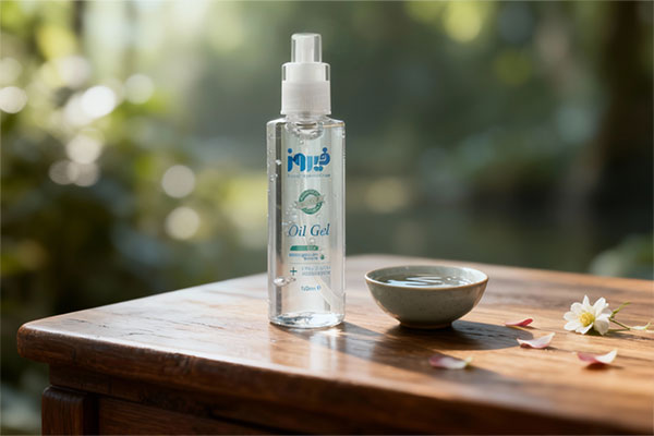 ژل روغن فیروز روی میز چوبی با گلبرگهای آرامشبخش