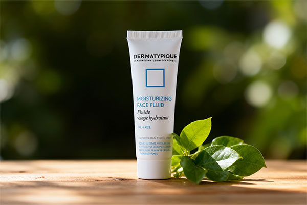 فلوئید مرطوب‌کننده پوست چرب درماتیپیک کنار برگ‌های سبز