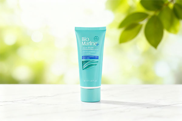 فلوئید مرطوب کننده و مات کننده پوست چرب بایومارین روی سطح مرمر سفید