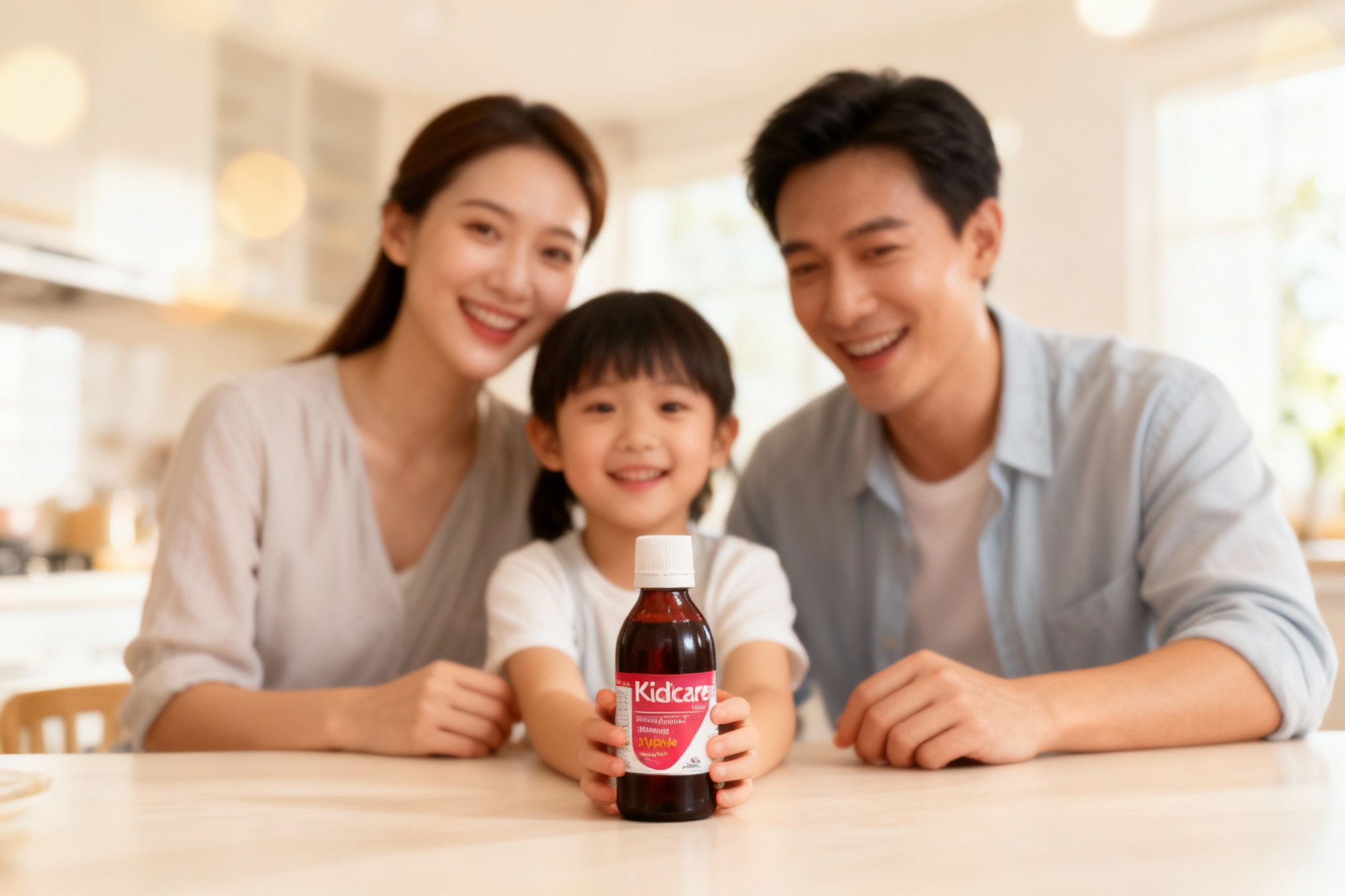 خانواده شاد با شربت کیدی کر در آشپزخانه